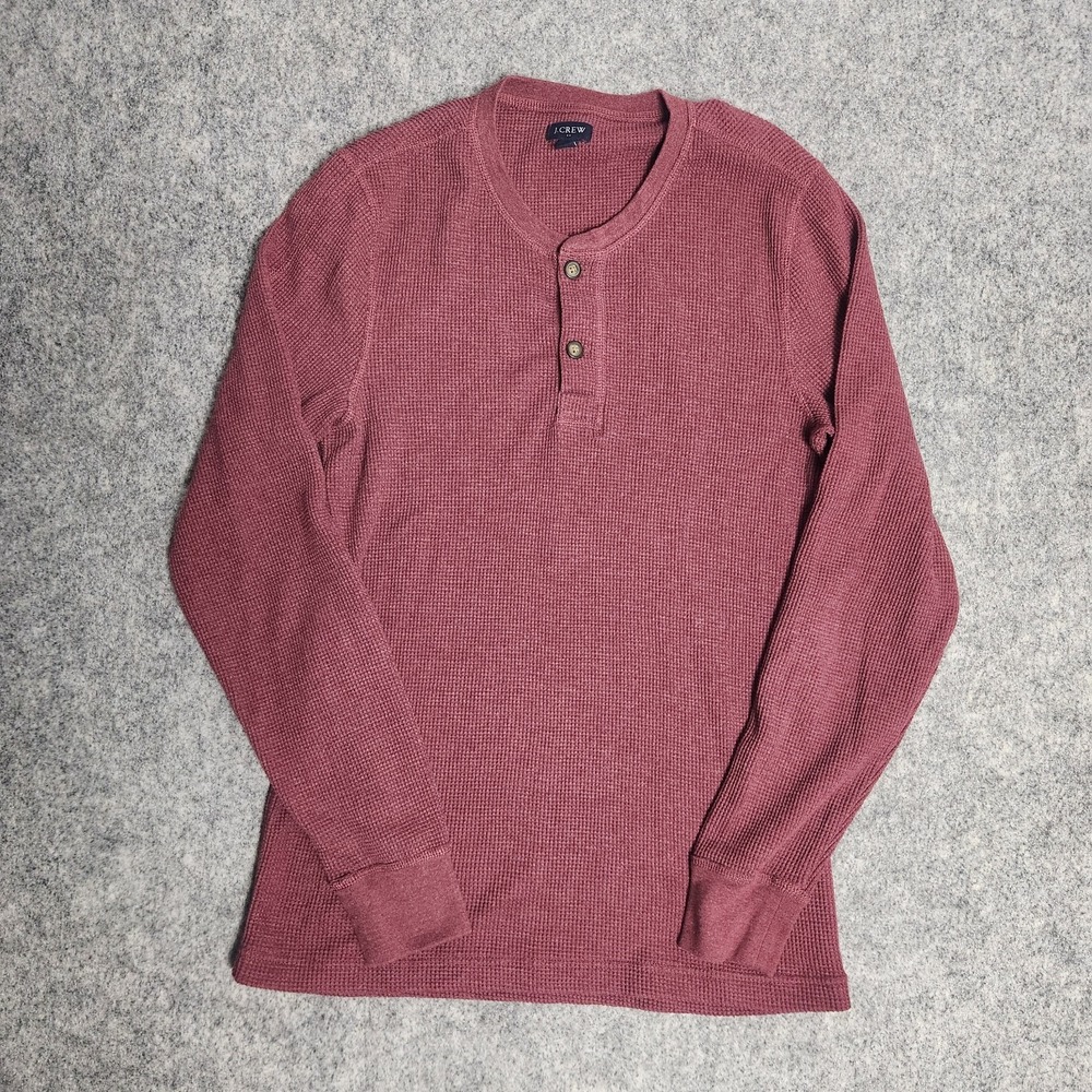 J Crew Waffle Knit Thermal Henley Men M Red Long Sleeve Rib Trim Regular Fit